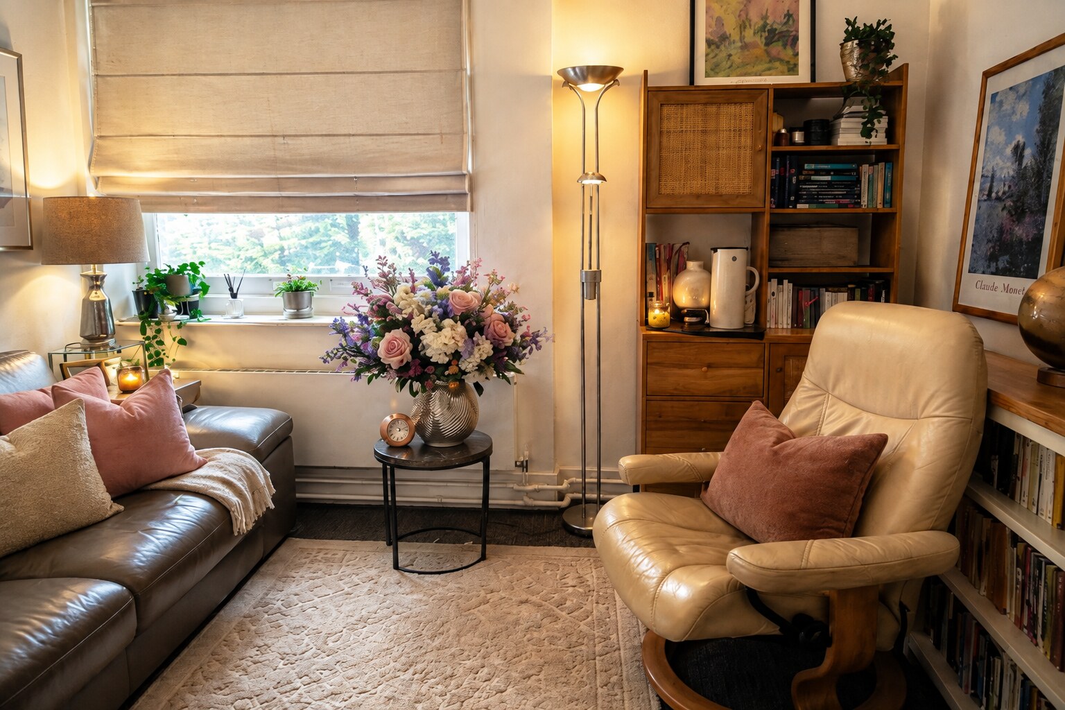Warm psychotherapy consulting room with comfortable seating, books and soft natural lighting